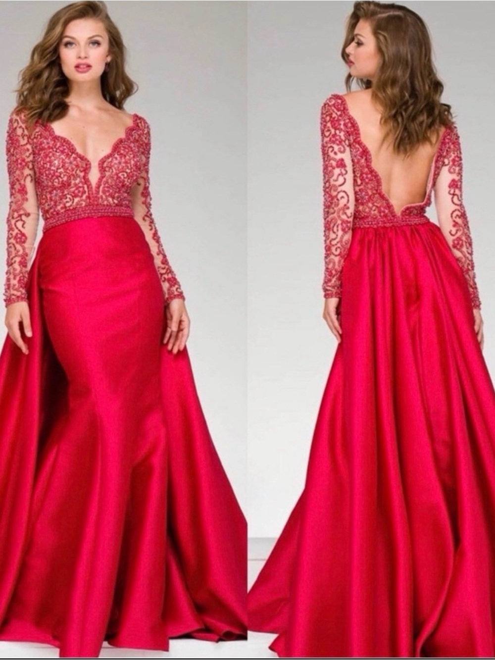 Jovani Fuchsia Beaded Long Sleeve Evening Gown